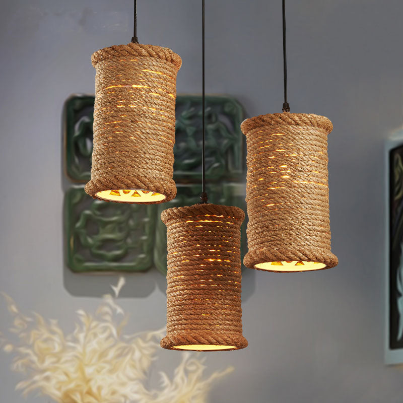 Brown Cylinder Ceiling Pendant Light Farm Style Rope 1 Head Dining Room Metal Hanging Lighting Brown Clearhalo 'Ceiling Lights' 'Industrial Pendants' 'Industrial' 'Middle Century Pendants' 'Pendant Lights' 'Pendants' 'Tiffany' Lighting' 1950707
