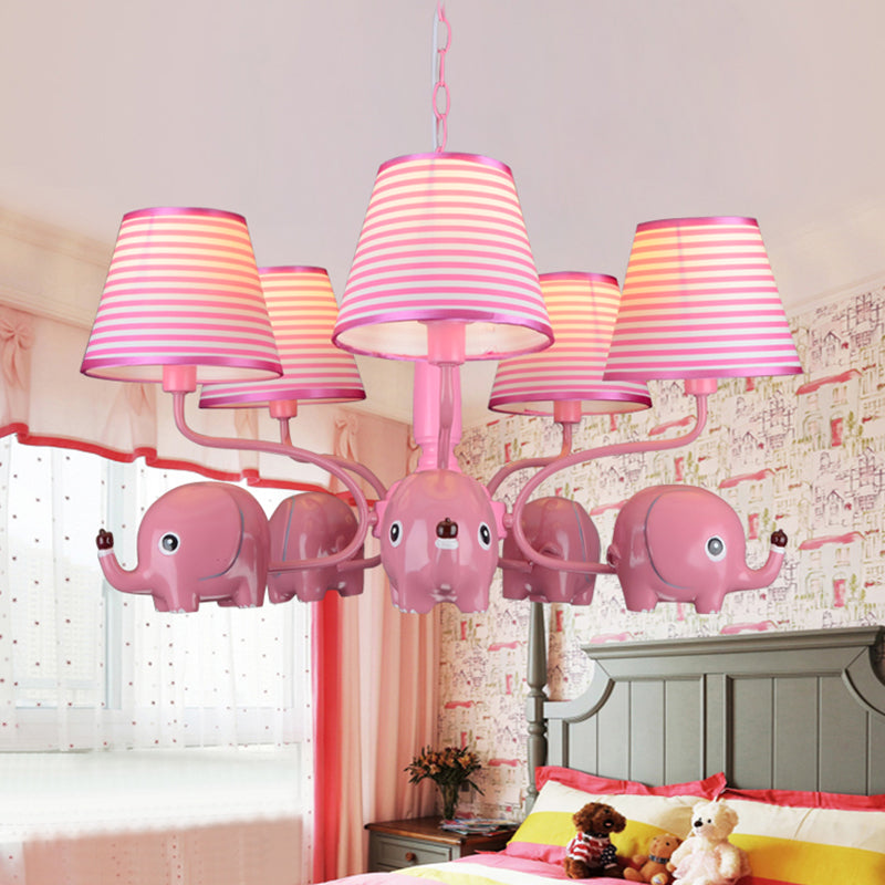 Baby Elephant Ceiling Pendant 5 Heads Animal Resin Chandelier with Stripe Shade for Kindergarten Pink Clearhalo 'Ceiling Lights' 'Chandeliers' Lighting' options 195250_36e14670-b48e-47b6-b2b7-11d07e4676b3