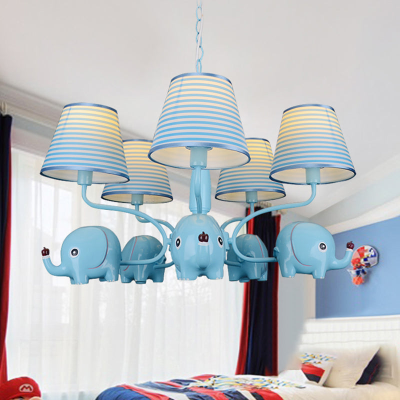 Baby Elephant Ceiling Pendant 5 Heads Animal Resin Chandelier with Stripe Shade for Kindergarten Blue Clearhalo 'Ceiling Lights' 'Chandeliers' Lighting' options 195254_2f662605-e6d4-47a2-a15e-40a0073b3f12
