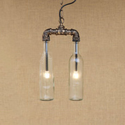 2-Light Chandelier Pendant Lighting Farmhouse Bottle Glass Shade Ceiling Fixture with Pipe Design in Amber/Blue Clear Clearhalo 'Ceiling Lights' 'Chandeliers' 'Clear' 'Close To Ceiling Lights' 'Glass shade' 'Glass' 'Industrial Chandeliers' 'Industrial' 'Middle Century Chandeliers' 'Modern' 'Tiffany' 'Traditional Chandeliers' Lighting' 19538
