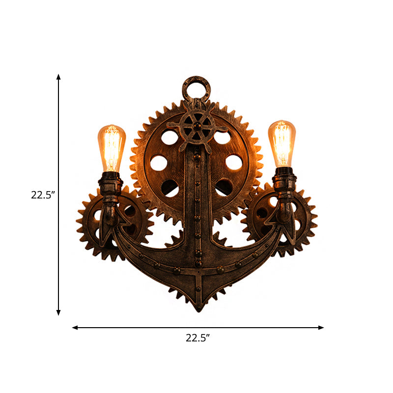 2-Head Sconce Warehouse Gear Iron Wall Mounted Lighting in Rust with Anchor Backplate for Dining Room Clearhalo 'Art deco wall lights' 'Cast Iron' 'Glass' 'Industrial wall lights' 'Industrial' 'Middle century wall lights' 'Modern' 'Rustic wall lights' 'Tiffany' 'Traditional wall lights' 'Wall Lamps & Sconces' 'Wall Lights' Lighting' 1957919