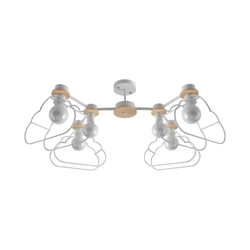 6-Light Bedroom Hanging Chandelier Cartoon White Pendant Lamp with Cloud/Star Iron Cage and Wood Cap Clearhalo 'Ceiling Lights' 'Chandeliers' Lighting' options 1957939