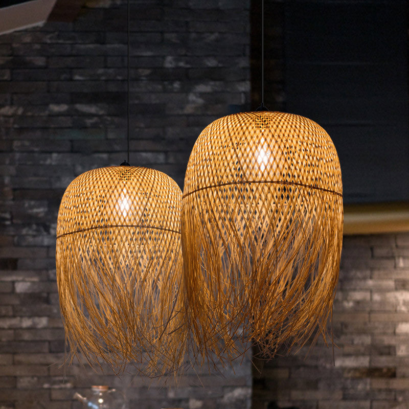 Rustic Fringe Pendant Light Rattan 6"/10"/18" Wide Single-Bulb Dining Room Hanging Lamp in Beige Beige 18" Clearhalo 'Ceiling Lights' 'Modern Pendants' 'Modern' 'Pendant Lights' 'Pendants' Lighting' 1958019