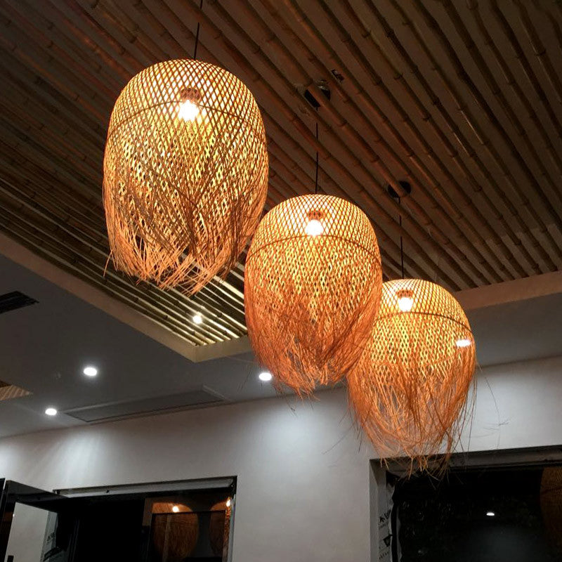 Rustic Fringe Pendant Light Rattan 6"/10"/18" Wide Single-Bulb Dining Room Hanging Lamp in Beige Clearhalo 'Ceiling Lights' 'Modern Pendants' 'Modern' 'Pendant Lights' 'Pendants' Lighting' 1958020