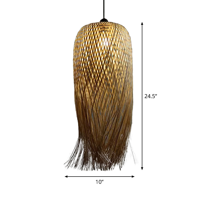 Rustic Fringe Pendant Light Rattan 6"/10"/18" Wide Single-Bulb Dining Room Hanging Lamp in Beige Clearhalo 'Ceiling Lights' 'Modern Pendants' 'Modern' 'Pendant Lights' 'Pendants' Lighting' 1958030
