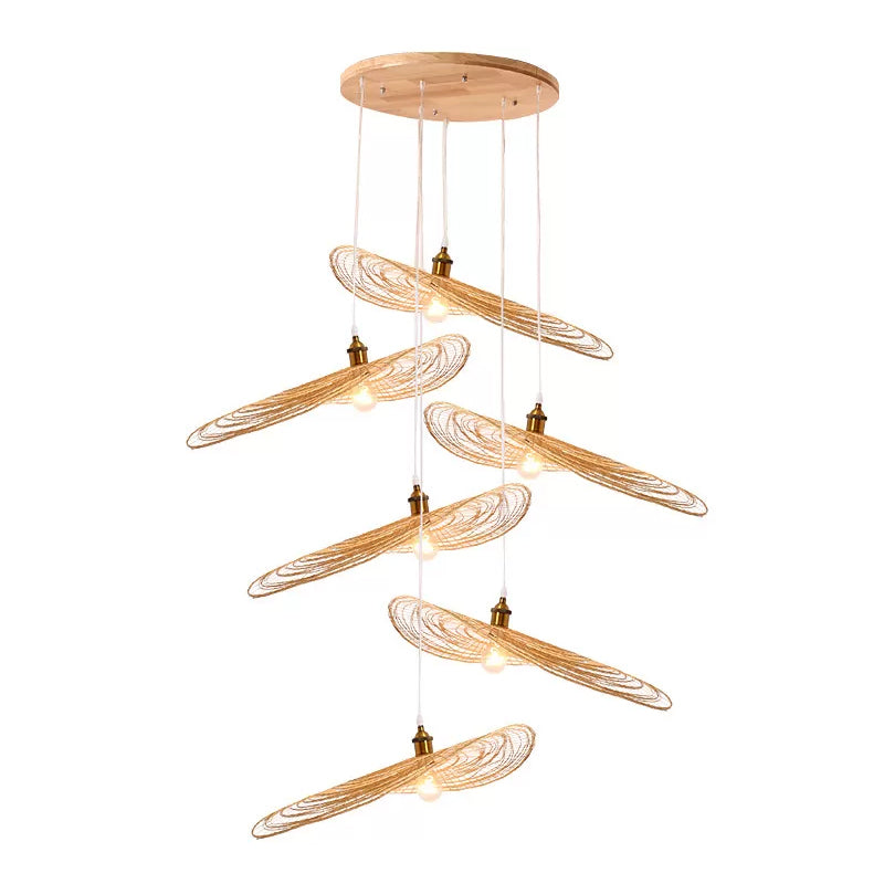 Chinese Style 1/3/6-Light Pendulum Light Beige Lotus Leaf Pendant Lighting with Bamboo Shade, 14"/16.5"/19.5" Wide Clearhalo 'Ceiling Lights' 'Modern Pendants' 'Modern' 'Pendant Lights' 'Pendants' Lighting' 1958092