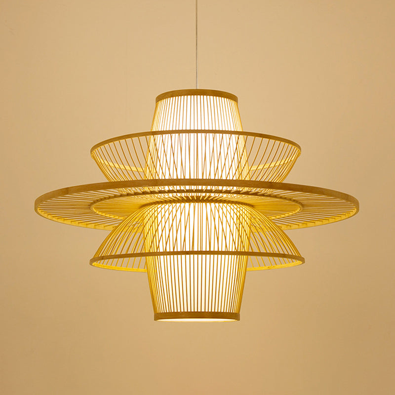 Bamboo Barrel Down Lighting Pendant Asian 16"/23.5"/39" Wide 1 Bulb Beige Hanging Lamp with 3 Layer Shade Clearhalo 'Ceiling Lights' 'Modern Pendants' 'Modern' 'Pendant Lights' 'Pendants' Lighting' 1958097