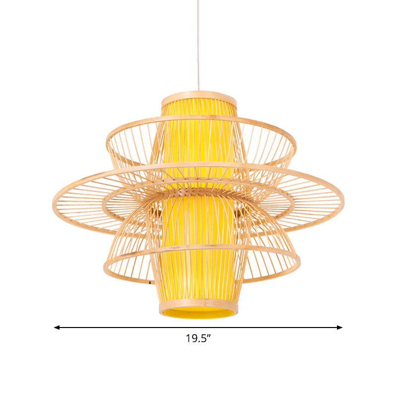 Bamboo Barrel Down Lighting Pendant Asian 16"/23.5"/39" Wide 1 Bulb Beige Hanging Lamp with 3 Layer Shade Clearhalo 'Ceiling Lights' 'Modern Pendants' 'Modern' 'Pendant Lights' 'Pendants' Lighting' 1958099