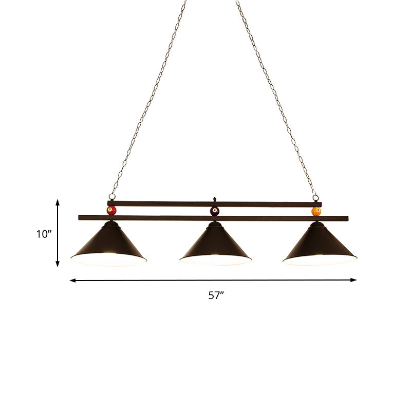 Industrial Style Cone Shade Ceiling Pendant 3 Heads Metal Island Lighting with Billiard Ball Deco in Black/Red Clearhalo 'Ceiling Lights' 'Island Lights' Lighting' 195823