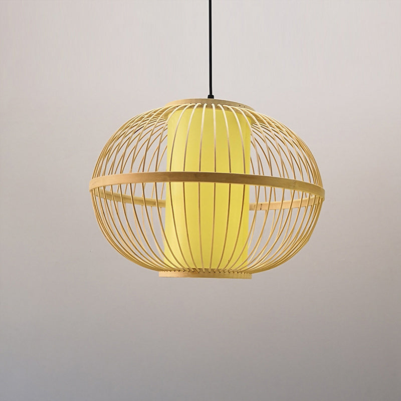 14"/16"/23.5" W Oval Suspension Lighting Asian Bamboo 1-Light Beige Pendant Light Fixture with Inner Shade Clearhalo 'Ceiling Lights' 'Modern Pendants' 'Modern' 'Pendant Lights' 'Pendants' Lighting' 1958233