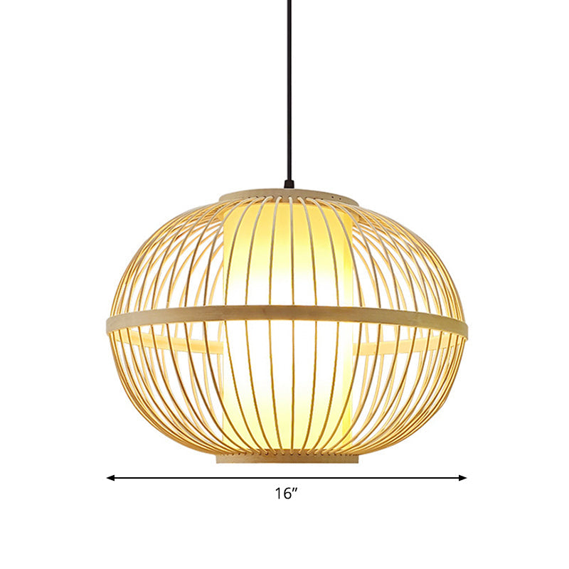 14"/16"/23.5" W Oval Suspension Lighting Asian Bamboo 1-Light Beige Pendant Light Fixture with Inner Shade Clearhalo 'Ceiling Lights' 'Modern Pendants' 'Modern' 'Pendant Lights' 'Pendants' Lighting' 1958236