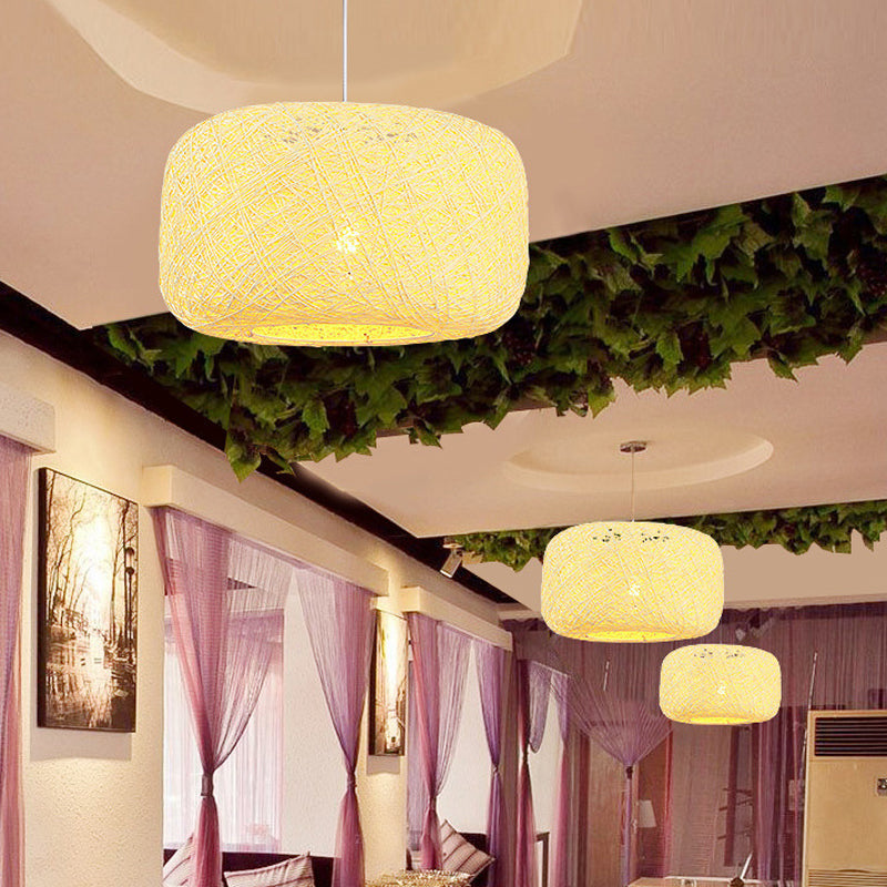 Red/Pink/Orange Drum Drop Pendant Macaron 1-Light Rattan Weaving Suspension Lighting for Bistro Beige Clearhalo 'Ceiling Lights' 'Modern Pendants' 'Modern' 'Pendant Lights' 'Pendants' Lighting' 1958329