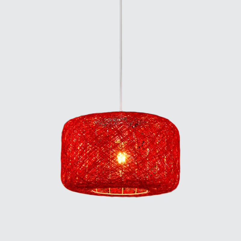 Red/Pink/Orange Drum Drop Pendant Macaron 1-Light Rattan Weaving Suspension Lighting for Bistro Clearhalo 'Ceiling Lights' 'Modern Pendants' 'Modern' 'Pendant Lights' 'Pendants' Lighting' 1958334