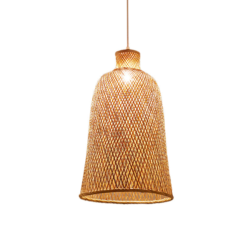 Bell/Bowl/Bottle Hallway Drop Pendant Criss-Cross Woven Bamboo Single-Bulb Asian Hanging Lamp in Beige Beige C Clearhalo 'Ceiling Lights' 'Modern Pendants' 'Modern' 'Pendant Lights' 'Pendants' Lighting' 1958503