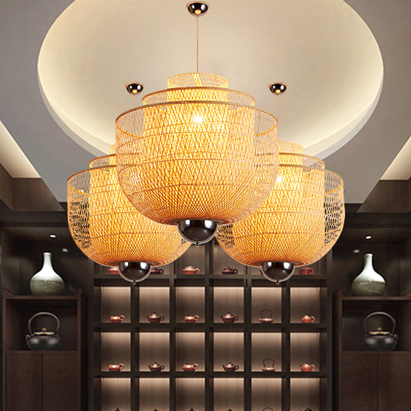 Inverted 3-Layer Bamboo Pendant Lamp Modern 1-Light Beige Suspended Lighting Fixture for Restaurant, 18"/23.5"/31.5" W Beige 31.5" Clearhalo 'Ceiling Lights' 'Modern Pendants' 'Modern' 'Pendant Lights' 'Pendants' Lighting' 1958577