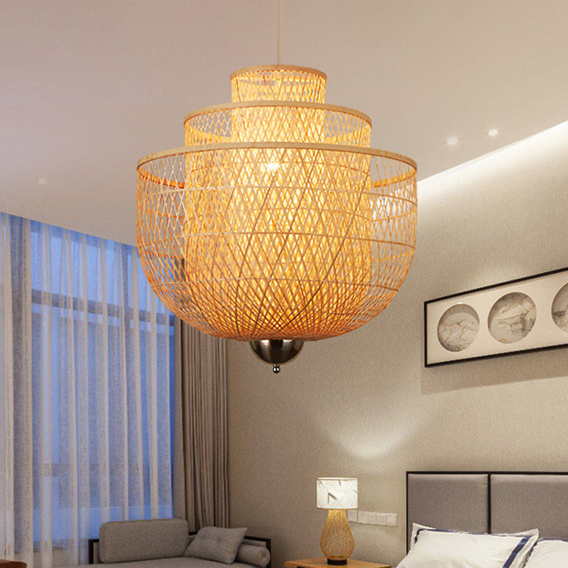 Inverted 3-Layer Bamboo Pendant Lamp Modern 1-Light Beige Suspended Lighting Fixture for Restaurant, 18"/23.5"/31.5" W Clearhalo 'Ceiling Lights' 'Modern Pendants' 'Modern' 'Pendant Lights' 'Pendants' Lighting' 1958583