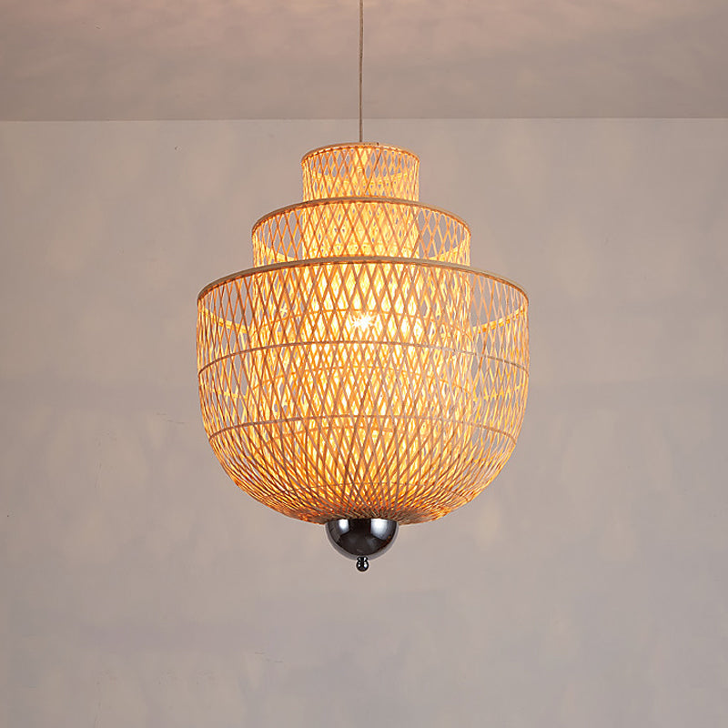 Inverted 3-Layer Bamboo Pendant Lamp Modern 1-Light Beige Suspended Lighting Fixture for Restaurant, 18"/23.5"/31.5" W Beige 18" Clearhalo 'Ceiling Lights' 'Modern Pendants' 'Modern' 'Pendant Lights' 'Pendants' Lighting' 1958587