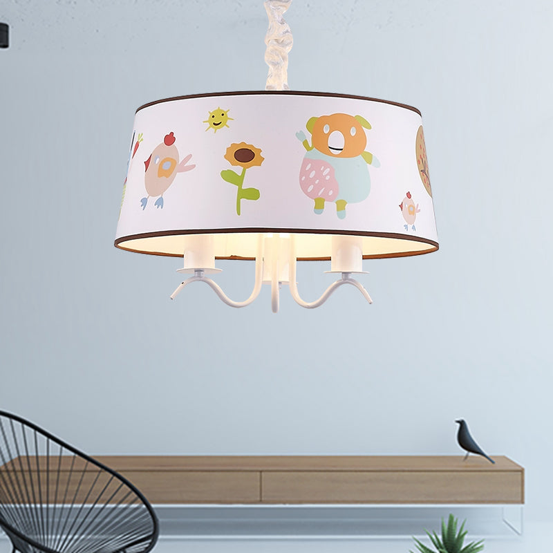 Fabric Drum Chandelier with Cute Animal Kindergarten Kids Pendant Light in White 3 White Clearhalo 'Ceiling Lights' 'Chandeliers' Lighting' options 195866_7cc3d954-1fd2-4f76-b638-bc6f59d39b1d