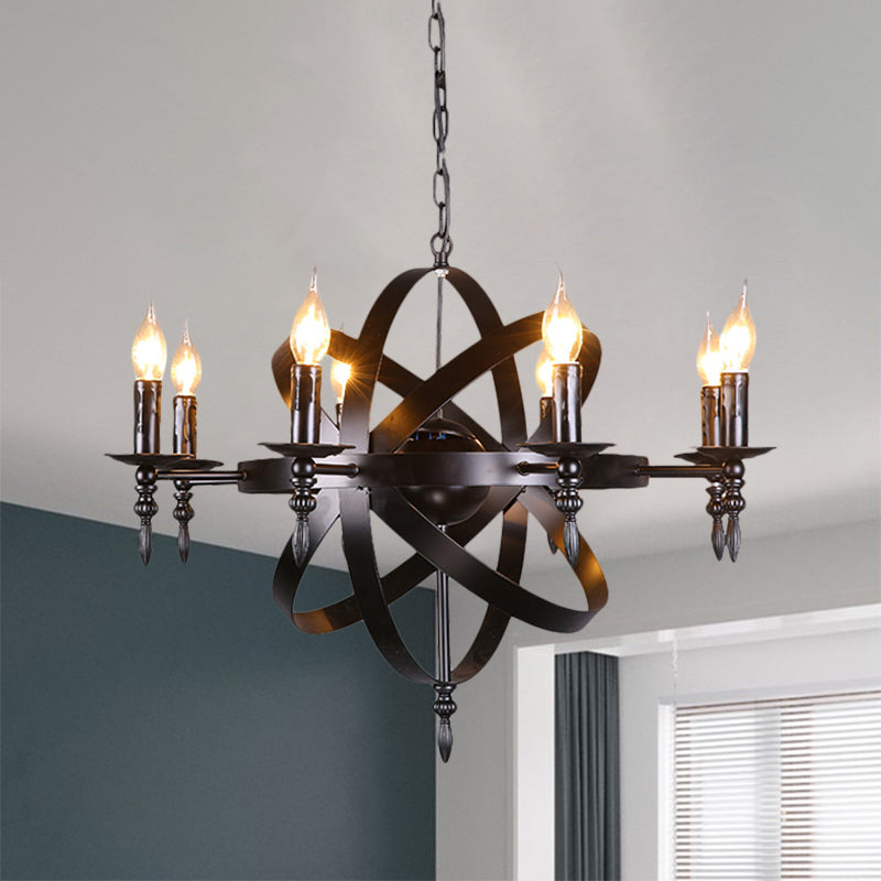 Candle Metallic Chandelier Light Fixture with Spherical Cage Shade Vintage 6/8 Heads Restaurant Ceiling Light in Black/Rust 8 Black Clearhalo 'Cast Iron' 'Ceiling Lights' 'Chandeliers' 'Industrial Chandeliers' 'Industrial' 'Metal' 'Middle Century Chandeliers' 'Rustic Chandeliers' 'Tiffany' Lighting' 1959384
