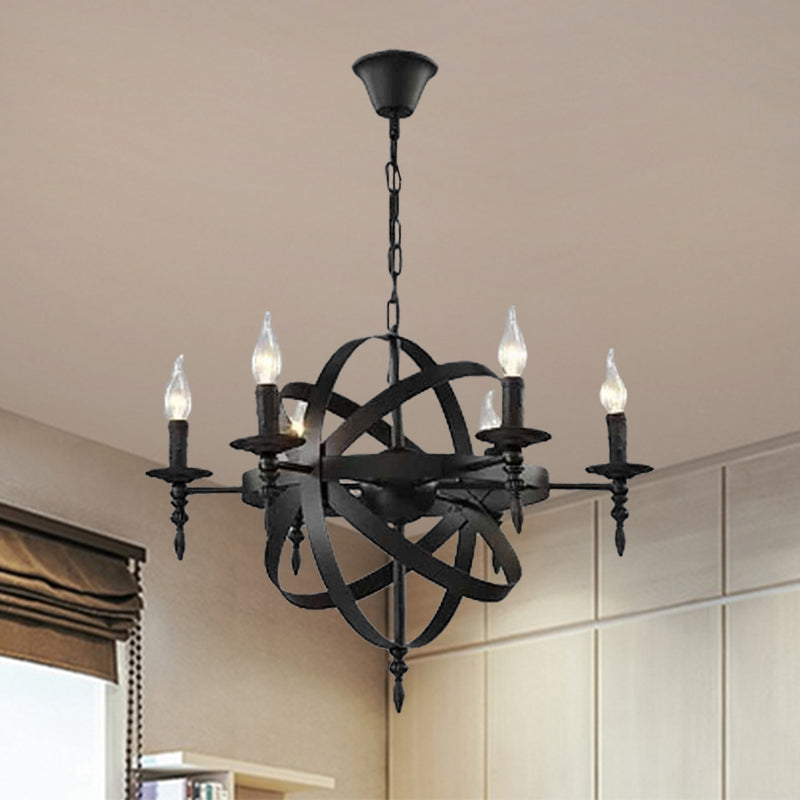Candle Metallic Chandelier Light Fixture with Spherical Cage Shade Vintage 6/8 Heads Restaurant Ceiling Light in Black/Rust Clearhalo 'Cast Iron' 'Ceiling Lights' 'Chandeliers' 'Industrial Chandeliers' 'Industrial' 'Metal' 'Middle Century Chandeliers' 'Rustic Chandeliers' 'Tiffany' Lighting' 1959390