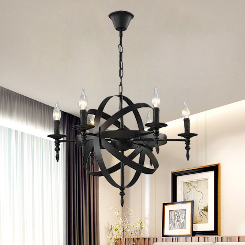 Candle Metallic Chandelier Light Fixture with Spherical Cage Shade Vintage 6/8 Heads Restaurant Ceiling Light in Black/Rust Clearhalo 'Cast Iron' 'Ceiling Lights' 'Chandeliers' 'Industrial Chandeliers' 'Industrial' 'Metal' 'Middle Century Chandeliers' 'Rustic Chandeliers' 'Tiffany' Lighting' 1959391