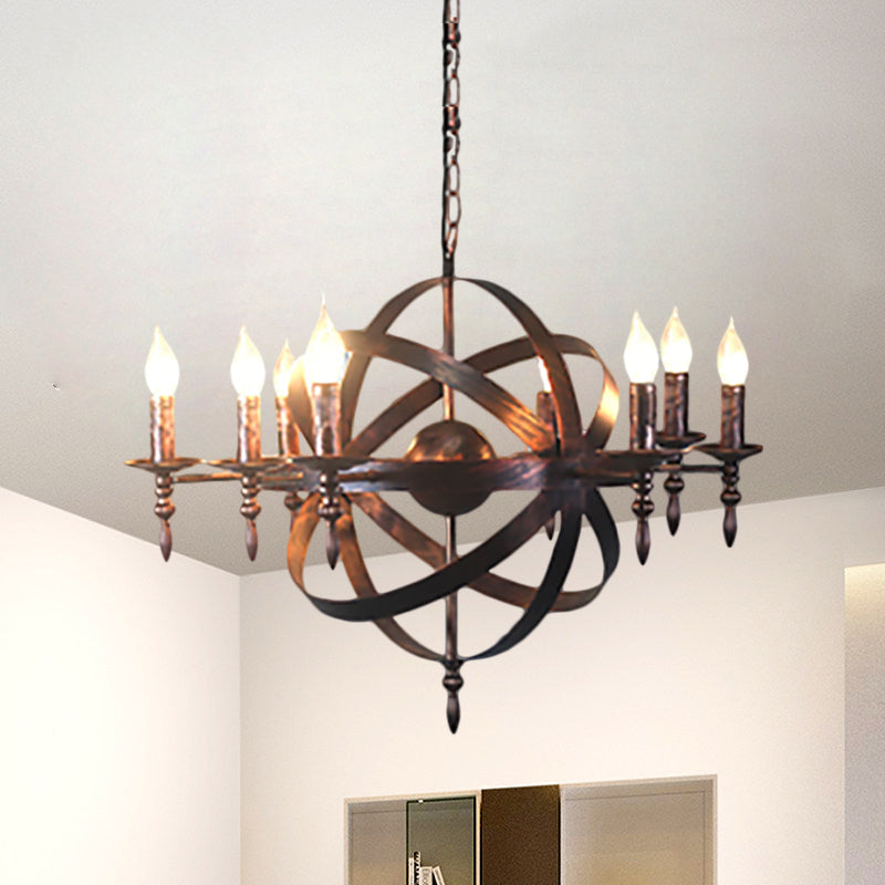 Candle Metallic Chandelier Light Fixture with Spherical Cage Shade Vintage 6/8 Heads Restaurant Ceiling Light in Black/Rust 8 Rust Clearhalo 'Cast Iron' 'Ceiling Lights' 'Chandeliers' 'Industrial Chandeliers' 'Industrial' 'Metal' 'Middle Century Chandeliers' 'Rustic Chandeliers' 'Tiffany' Lighting' 1959394