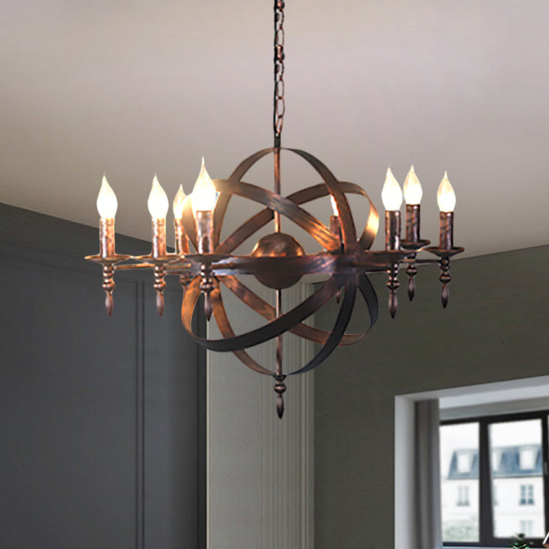 Candle Metallic Chandelier Light Fixture with Spherical Cage Shade Vintage 6/8 Heads Restaurant Ceiling Light in Black/Rust Clearhalo 'Cast Iron' 'Ceiling Lights' 'Chandeliers' 'Industrial Chandeliers' 'Industrial' 'Metal' 'Middle Century Chandeliers' 'Rustic Chandeliers' 'Tiffany' Lighting' 1959395