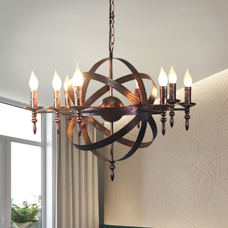 Candle Metallic Chandelier Light Fixture with Spherical Cage Shade Vintage 6/8 Heads Restaurant Ceiling Light in Black/Rust Clearhalo 'Cast Iron' 'Ceiling Lights' 'Chandeliers' 'Industrial Chandeliers' 'Industrial' 'Metal' 'Middle Century Chandeliers' 'Rustic Chandeliers' 'Tiffany' Lighting' 1959396
