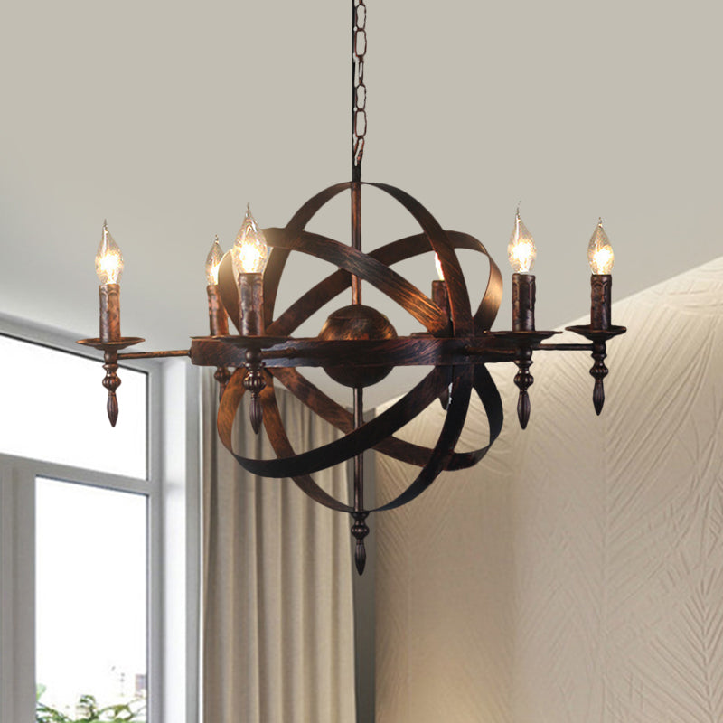 Candle Metallic Chandelier Light Fixture with Spherical Cage Shade Vintage 6/8 Heads Restaurant Ceiling Light in Black/Rust 6 Rust Clearhalo 'Cast Iron' 'Ceiling Lights' 'Chandeliers' 'Industrial Chandeliers' 'Industrial' 'Metal' 'Middle Century Chandeliers' 'Rustic Chandeliers' 'Tiffany' Lighting' 1959399