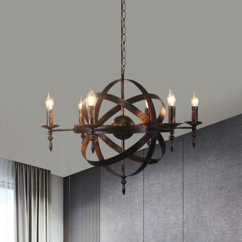 Candle Metallic Chandelier Light Fixture with Spherical Cage Shade Vintage 6/8 Heads Restaurant Ceiling Light in Black/Rust Clearhalo 'Cast Iron' 'Ceiling Lights' 'Chandeliers' 'Industrial Chandeliers' 'Industrial' 'Metal' 'Middle Century Chandeliers' 'Rustic Chandeliers' 'Tiffany' Lighting' 1959401