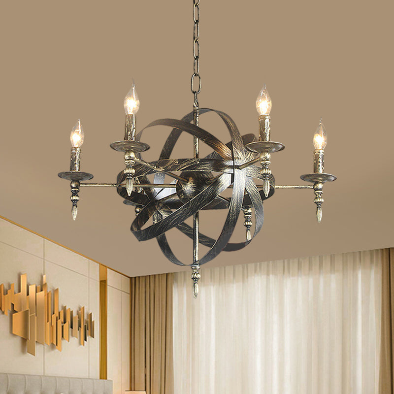 Candle Metallic Chandelier Light Fixture with Spherical Cage Shade Vintage 6/8 Heads Restaurant Ceiling Light in Black/Rust 6 Antique Brass Clearhalo 'Cast Iron' 'Ceiling Lights' 'Chandeliers' 'Industrial Chandeliers' 'Industrial' 'Metal' 'Middle Century Chandeliers' 'Rustic Chandeliers' 'Tiffany' Lighting' 1959404