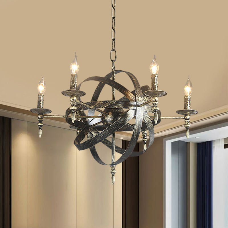 Candle Metallic Chandelier Light Fixture with Spherical Cage Shade Vintage 6/8 Heads Restaurant Ceiling Light in Black/Rust Clearhalo 'Cast Iron' 'Ceiling Lights' 'Chandeliers' 'Industrial Chandeliers' 'Industrial' 'Metal' 'Middle Century Chandeliers' 'Rustic Chandeliers' 'Tiffany' Lighting' 1959405