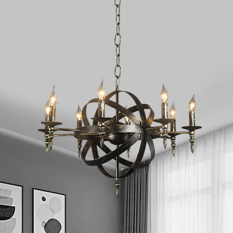 Candle Metallic Chandelier Light Fixture with Spherical Cage Shade Vintage 6/8 Heads Restaurant Ceiling Light in Black/Rust 8 Antique Brass Clearhalo 'Cast Iron' 'Ceiling Lights' 'Chandeliers' 'Industrial Chandeliers' 'Industrial' 'Metal' 'Middle Century Chandeliers' 'Rustic Chandeliers' 'Tiffany' Lighting' 1959409