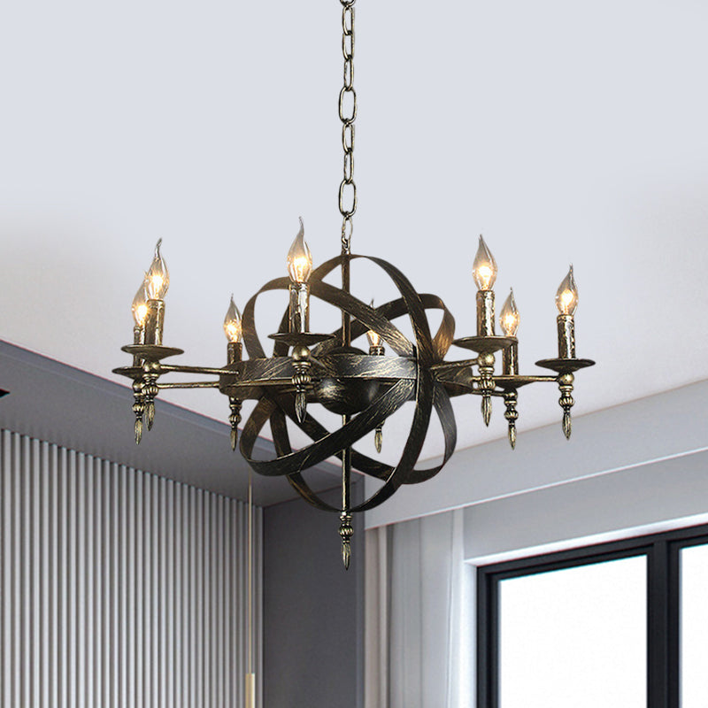 Candle Metallic Chandelier Light Fixture with Spherical Cage Shade Vintage 6/8 Heads Restaurant Ceiling Light in Black/Rust Clearhalo 'Cast Iron' 'Ceiling Lights' 'Chandeliers' 'Industrial Chandeliers' 'Industrial' 'Metal' 'Middle Century Chandeliers' 'Rustic Chandeliers' 'Tiffany' Lighting' 1959411