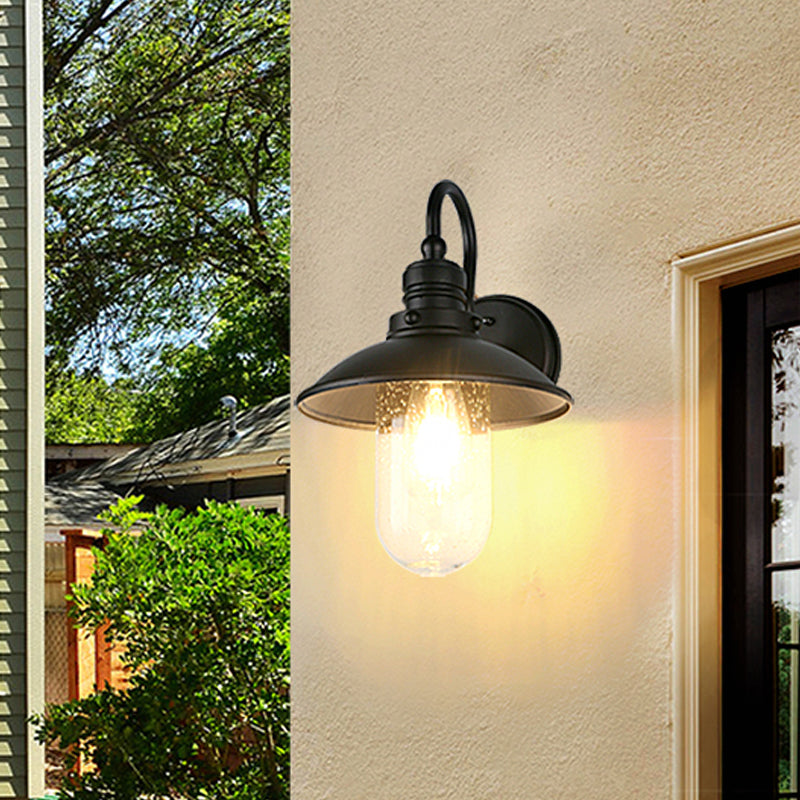 One Bulb Wall Sconce Lighting Cone/Flared Shade Bubbled/Opal Glass Industrial Entry Light Fixture in Black Clearhalo 'Art deco wall lights' 'Cast Iron' 'Glass' 'Industrial wall lights' 'Industrial' 'Middle century wall lights' 'Modern' 'Rustic wall lights' 'Tiffany' 'Traditional wall lights' 'Wall Lamps & Sconces' 'Wall Lights' Lighting' 1959433