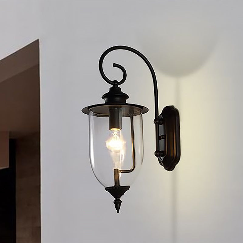 Urn Shade Clear Glass Wall Mounted Lamp Industrial Single Bulb Outdoor Sconce Light with Curved Arm Clearhalo 'Art deco wall lights' 'Cast Iron' 'Glass' 'Industrial wall lights' 'Industrial' 'Middle century wall lights' 'Modern' 'Rustic wall lights' 'Tiffany' 'Traditional wall lights' 'Wall Lamps & Sconces' 'Wall Lights' Lighting' 1959438