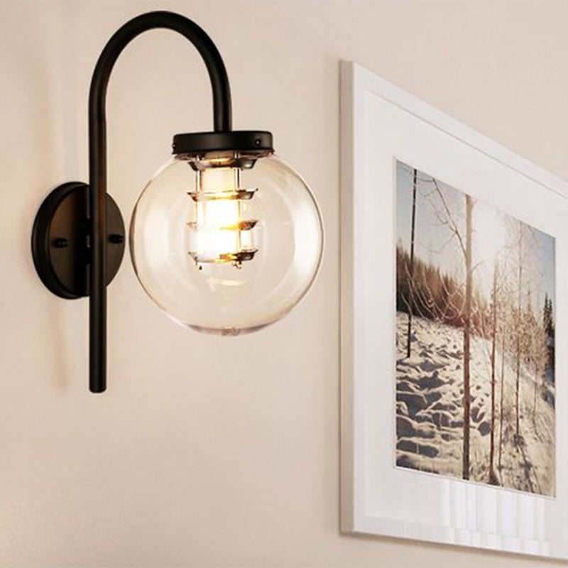 1 Light Globe Sconce Light Vintage Black/Stainless-Steel Clear Glass Wall Lamp for Bedroom with Gooseneck Clearhalo 'Art deco wall lights' 'Cast Iron' 'Glass' 'Industrial wall lights' 'Industrial' 'Middle century wall lights' 'Modern' 'Rustic wall lights' 'Tiffany' 'Traditional wall lights' 'Wall Lamps & Sconces' 'Wall Lights' Lighting' 1959439