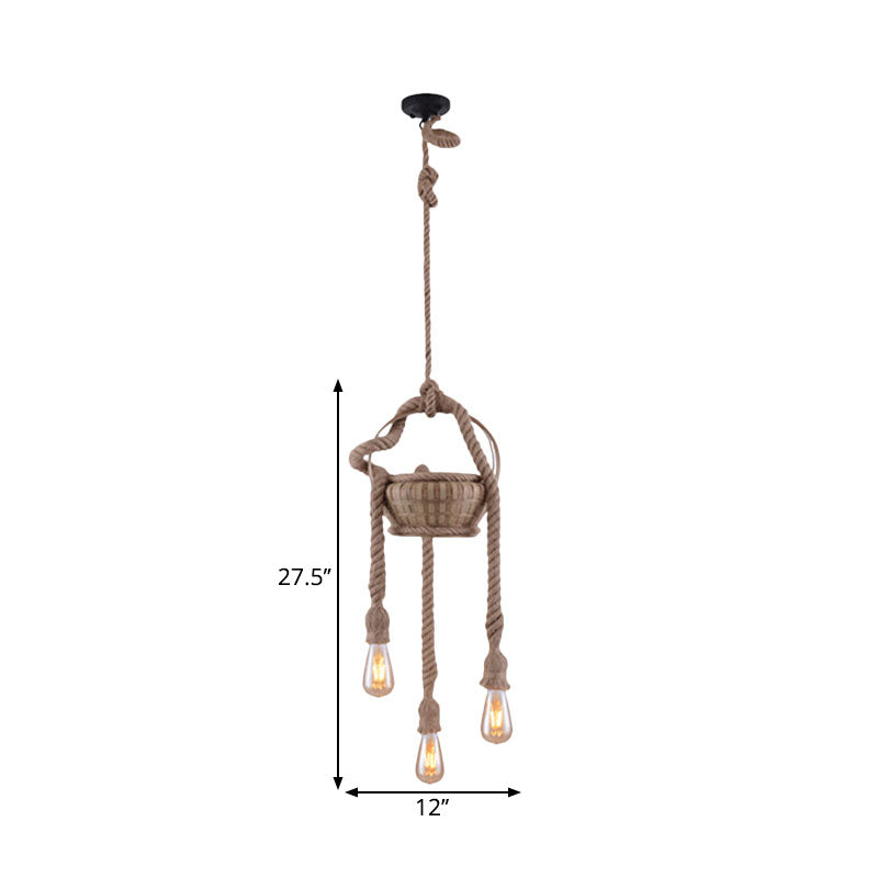 Beige Hemp Rope Chandeliers Antique Basket Bare Bulb Hanging Light for Living Room Clearhalo 'Ceiling Lights' 'Chandeliers' 'Industrial Chandeliers' 'Industrial' 'Middle Century Chandeliers' 'Tiffany' Lighting' 1959561