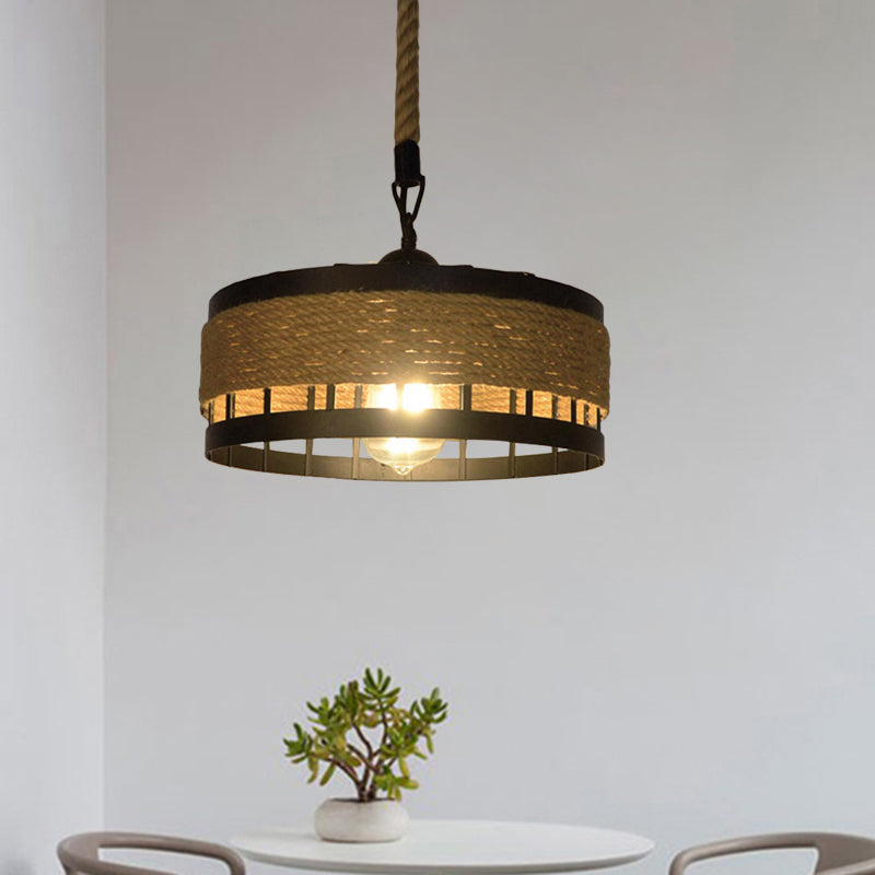Hemp Rope Drum Suspended Light Country Style 12"/16" Wide 1 Head Restaurant Hanging Lamp in Beige Beige 12" B Clearhalo 'Art Deco Pendants' 'Cast Iron' 'Ceiling Lights' 'Ceramic' 'Crystal' 'Industrial Pendants' 'Industrial' 'Metal' 'Middle Century Pendants' 'Pendant Lights' 'Pendants' 'Tiffany' Lighting' 1959612