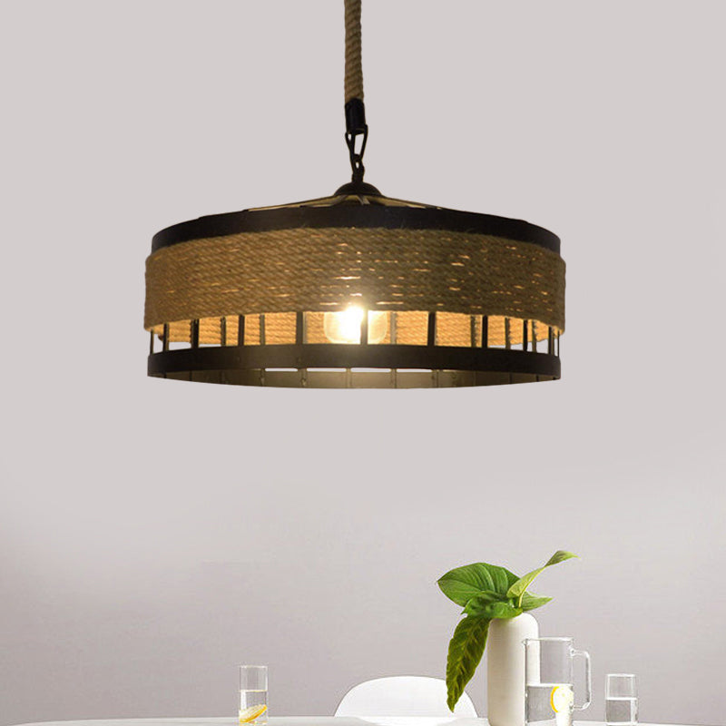 Hemp Rope Drum Suspended Light Country Style 12"/16" Wide 1 Head Restaurant Hanging Lamp in Beige Beige 16" B Clearhalo 'Art Deco Pendants' 'Cast Iron' 'Ceiling Lights' 'Ceramic' 'Crystal' 'Industrial Pendants' 'Industrial' 'Metal' 'Middle Century Pendants' 'Pendant Lights' 'Pendants' 'Tiffany' Lighting' 1959617