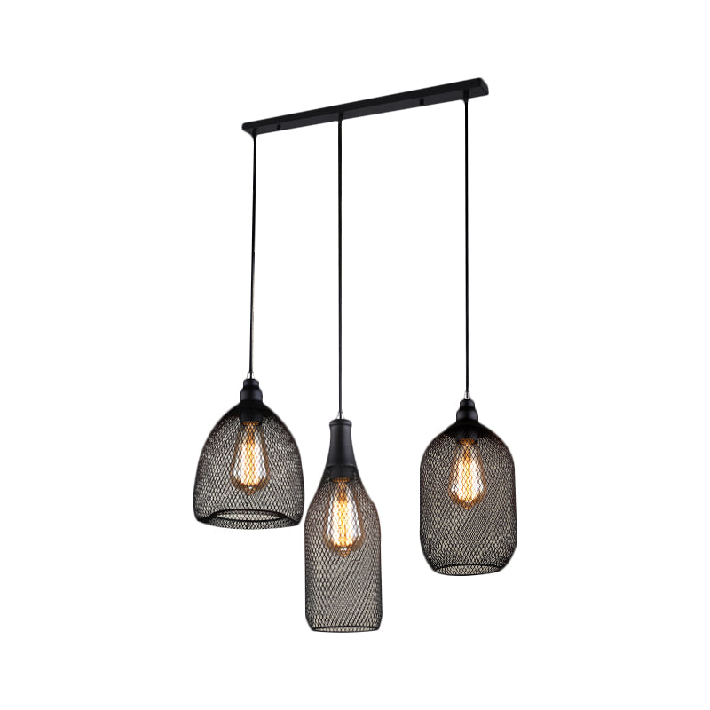 Mesh Cage Metal Hanging Light Antique 3 Heads Dining Room Suspension Lamp with Different Shade in Black Clearhalo 'Art Deco Pendants' 'Black' 'Cast Iron' 'Ceiling Lights' 'Ceramic' 'Crystal' 'Industrial Pendants' 'Industrial' 'Metal' 'Middle Century Pendants' 'Pendant Lights' 'Pendants' 'Rustic Pendants' 'Tiffany' Lighting' 1959675
