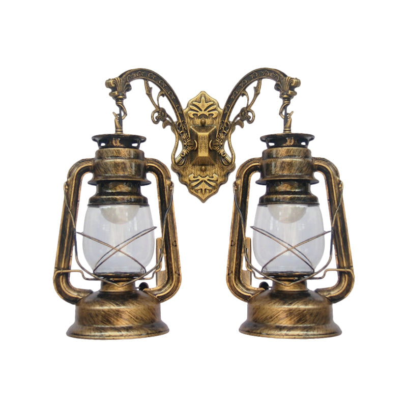 Industrial Lantern Wall Lighting Fixture 2 Bulbs Clear Glass Sconce Light in Black/Bronze/Copper Clearhalo 'Wall Lamps & Sconces' 'Wall Lights' Lighting' 1959810