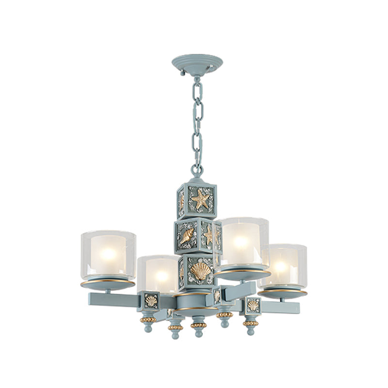 Cartoon Cylinder Pendant Lamp with Shell Deco Metal 4 Lights Blue Chandelier for Kindergarten Light Blue Clearhalo 'Ceiling Lights' 'Chandeliers' Lighting' options 195994_b964c025-a43a-447d-a872-11bba54172b6