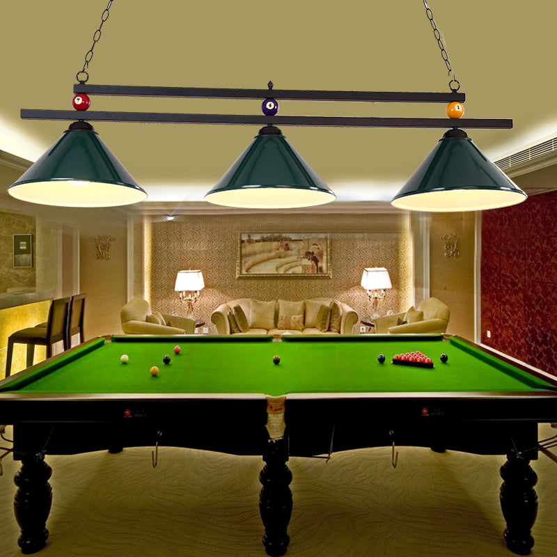 Conical Metallic Billiard Light Factory 3-Head Indoor Island Lighting Fixture in Black/Red/Blue Green C Clearhalo 'Ceiling Lights' 'Island Lights' Lighting' 1960116