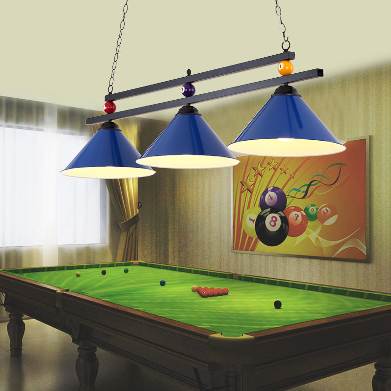 Conical Metallic Billiard Light Factory 3-Head Indoor Island Lighting Fixture in Black/Red/Blue Blue C Clearhalo 'Ceiling Lights' 'Island Lights' Lighting' 1960119