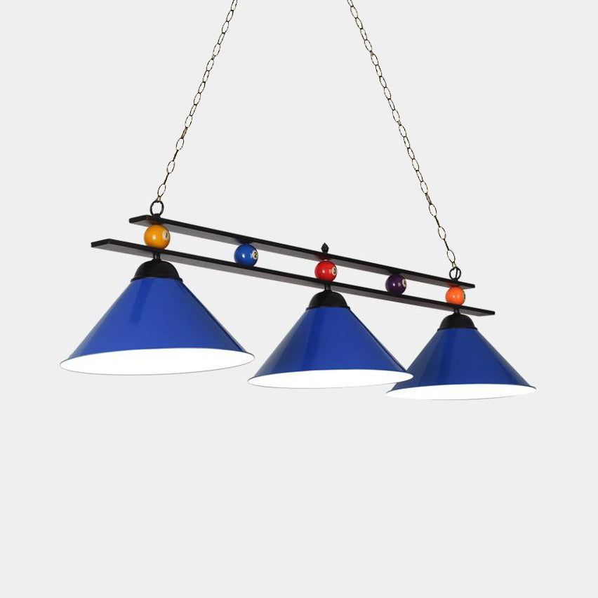 Conical Metallic Billiard Light Factory 3-Head Indoor Island Lighting Fixture in Black/Red/Blue Blue A Clearhalo 'Ceiling Lights' 'Island Lights' Lighting' 1960121
