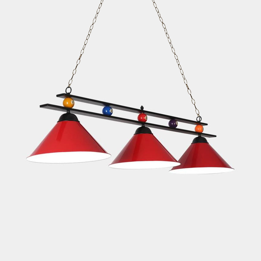Conical Metallic Billiard Light Factory 3-Head Indoor Island Lighting Fixture in Black/Red/Blue Red A Clearhalo 'Ceiling Lights' 'Island Lights' Lighting' 1960123
