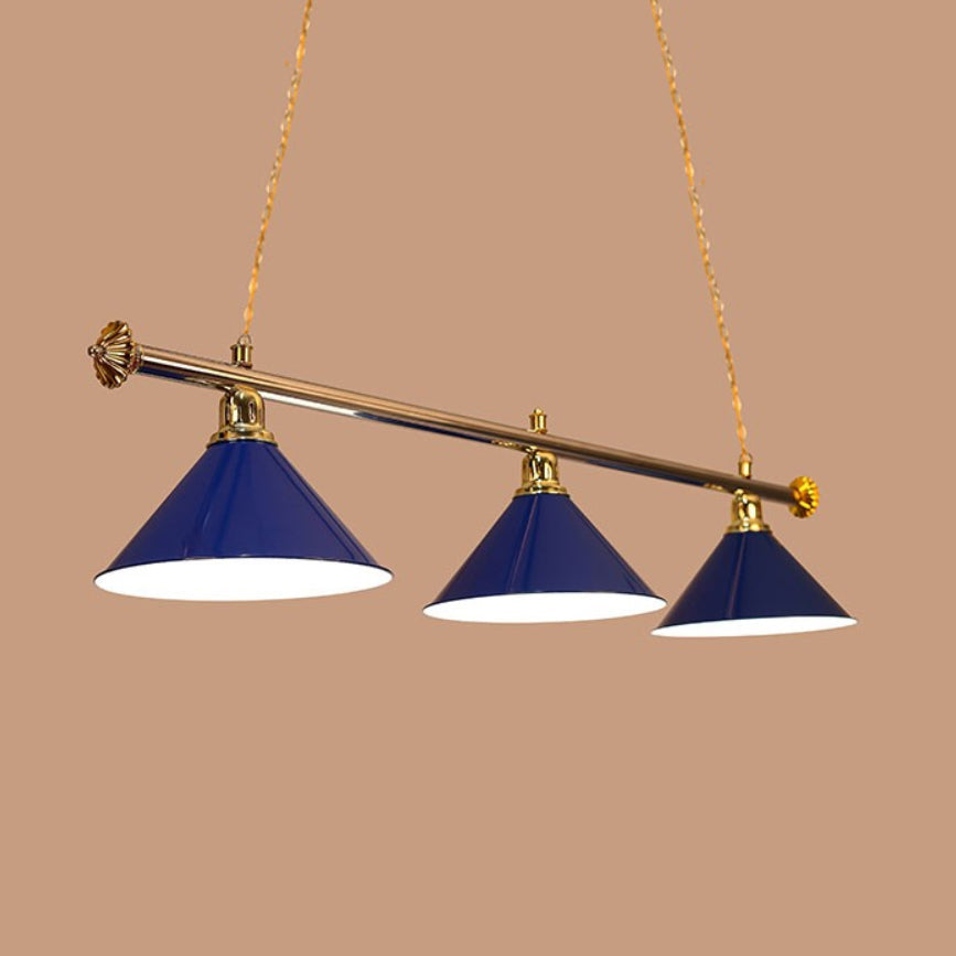 Conical Metallic Billiard Light Factory 3-Head Indoor Island Lighting Fixture in Black/Red/Blue Blue B Clearhalo 'Ceiling Lights' 'Island Lights' Lighting' 1960129