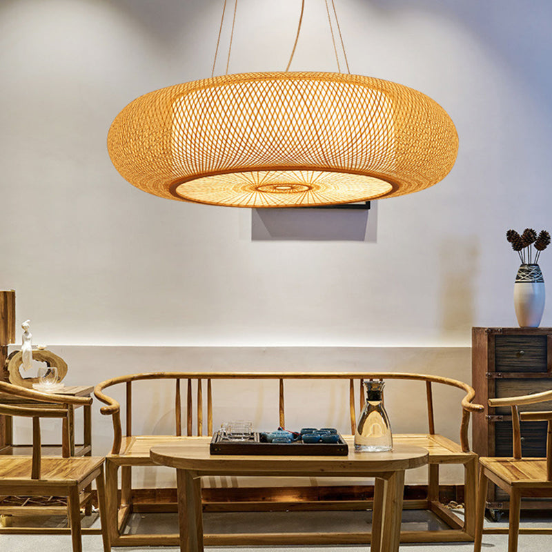 Handmade Round Bamboo Hanging Light Chinese 1 Bulb 18"/19.5"/31.5" Wide Beige Ceiling Pendant for Tearoom Clearhalo 'Ceiling Lights' 'Chandeliers' 'Modern Chandeliers' 'Modern' Lighting' 1960272