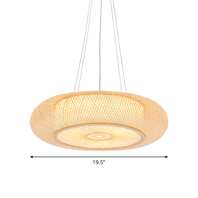Handmade Round Bamboo Hanging Light Chinese 1 Bulb 18"/19.5"/31.5" Wide Beige Ceiling Pendant for Tearoom Clearhalo 'Ceiling Lights' 'Chandeliers' 'Modern Chandeliers' 'Modern' Lighting' 1960277